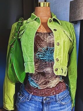 Paris Blues Y2K Lime Green Cropped Corduroy Jacket Size XL